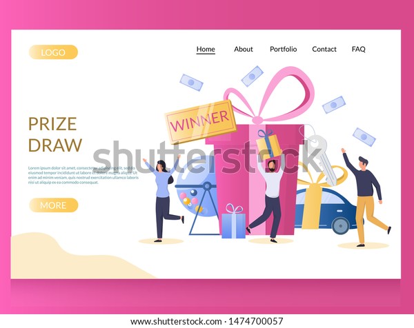 Prize draw vector website template, web page and\
landing page design for website and mobile site development. Raffle\
drum with balls and lucky people winning prizes gift box,\
automobile, money.
