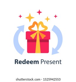 Prize giveaway, loyalty program, present box, surprise gift, incentive or perks, earn bonus, vector flat design illustration