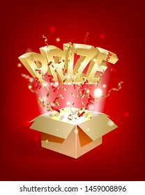 PRIZE gold text. Open textured box with confetti explosion inside and golden winning word. Flying particles from giftbox vector illustration on red background