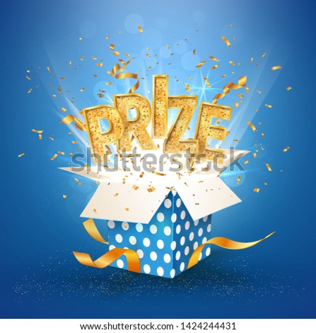 PRIZE gold text. Open textured blue box with confetti explosion inside and golden  winning word. Flying particles from giftbox vector illustration on blue background