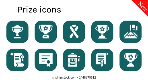 prize icon set. 10 filled prize icons.  Collection Of - Trophy, Ribbon, Achievement, Certificate, Diploma, Slot machine, Award