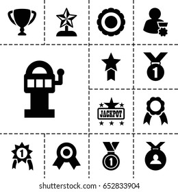 Prize icon. set of 13 filled prizeicons such as jackpot, medal, ribbon, award, trophy, star trophy, man with medal