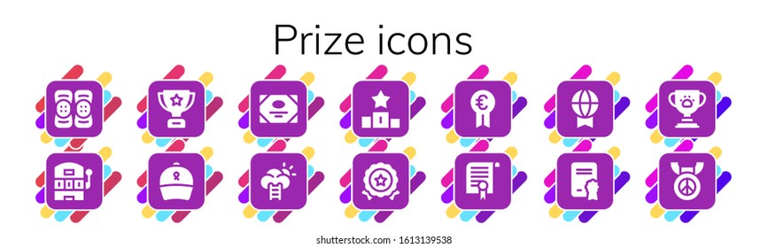 prize icon set. 14 filled prize icons. Included Kneepad, Slot machine, Trophy, Ribbon, Certificate, Success, Podium, Medal, Prize, Diploma icons