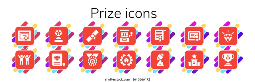 prize icon set. 14 filled prize icons.  Simple modern icons such as: Diploma, Success, Trophy, Certificate, Medal, Slot machine, Awards, Podium, Quality
