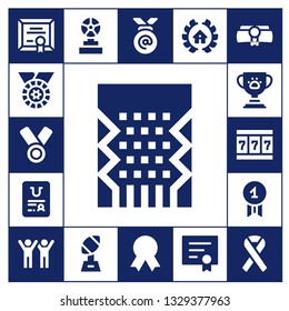 prize icon set. 17 filled prize icons.  Simple modern icons about  - Diploma, Medal, Slot machine, Certificate, Trophy, Quality, Success, Awards, Ribbon