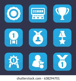 Prize icon. set of 9 filled prize icons such as slot machine, medal, award, trophy, man with medal