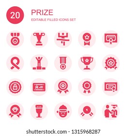 prize icon set. Collection of 20 filled prize icons included Medal, Trophy, Winner, Medals, Certificate, Ribbon, Quality, Certification, Diploma, Prize, Goblet, Jockey, Proud