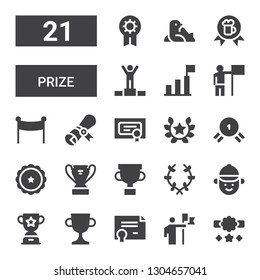 prize icon set. Collection of 21 filled prize icons included Reward, Conquer, Certificate, Trophy, Jockey, Laurel, Ribbon, Medal, Diploma, Banner, Success, Winner, Award, Seal