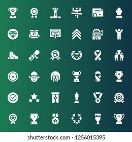 prize icon set. Collection of 36 filled prize icons included Trophy, Goblet, Laurel, Medal, Quality, Award, Banner, Success, Ribbon, Seal, Jockey, Diploma, Slot machine, Rank