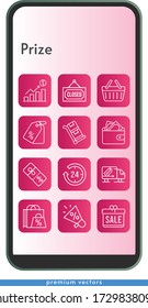 prize icon set. included gift, megaphone, profits, shopping bag, 24-hours, wallet, price tag, closed, discount, delivery truck, shopping basket, trolley icons on phone design background. linear styles