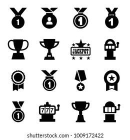 Prize icons. set of 16 editable filled prize icons such as slot machine, jackpot, trophy, medal, slot machine, number 1 medal
