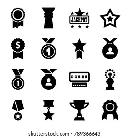 Prize icons. set of 16 editable filled prize icons such as jackpot, medal, dollar award, trophy, medal with star, star