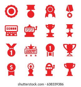 Prize icons set. set of 16 prize filled icons such as slot machine, jackpot, trophy, medal, award, number 1 medal, medal with star, slot machine