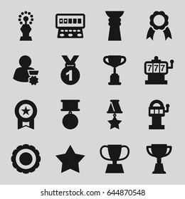 Prize icons set. set of 16 prize filled icons such as slot machine, star, trophy, ribbon, medal, award, man with medal