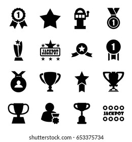 Prize icons set. set of 16 prize filled icons such as star, jackpot, medal, trophy, man with medal
