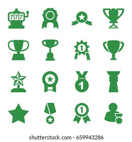 Prize icons set. set of 16 prize filled icons such as slot machine, star, trophy, star trophy, man with medal