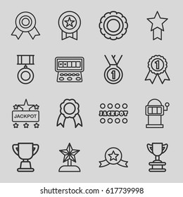 Prize icons set. set of 16 prize outline icons such as Jackpot, Slot machine, ribbon, trophy, medal, star trophy, number 1 medal, medal with star