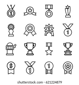 Prize icons set. set of 16 prize outline icons such as Slot machine, trophy, medal, number 1 medal, medal with star