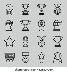 Prize icons set. set of 16 prize outline icons such as Star, Slot machine, trophy, medal, number 1 medal, medal with star, dollar award
