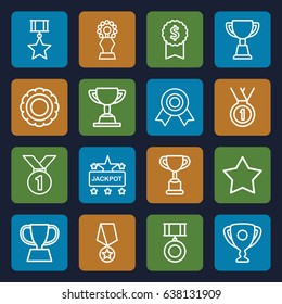 Prize icons set. set of 16 prize outline icons such as star, jackpot, trophy, medal, medal with star, dollar award