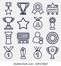 Prize icons set. set of 16 prize outline icons such as star, jackpot, slot machine, medal, trophy, man with medal