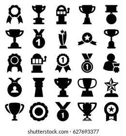 Prize icons set. set of 25 prize filled icons such as Slot machine, medal, trophy, ribbon, award, star trophy, man with medal