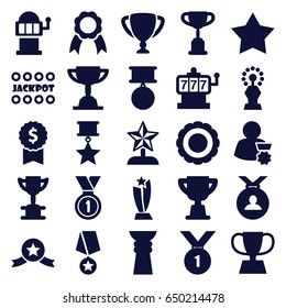 Prize icons set. set of 25 prize filled icons such as slot machine, star, jackpot, medal, ribbon, trophy, award, star trophy, man with medal