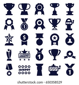 Prize icons set. set of 25 prize filled icons such as slot machine, jackpot, medal, ribbon, trophy, star trophy, medal with star, slot machine