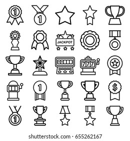 Prize icons set. set of 25 prize outline icons such as slot machine, star, jackpot, trophy, ribbon, medal, star trophy, number 1 medal, medal with star, dollar award