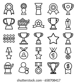 Prize icons set. set of 25 prize outline icons such as slot machine, star, jackpot, medal, trophy, ribbon, man with medal, medal with star
