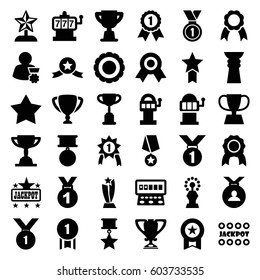 Prize icons set. set of 36 prize filled icons such as Slot machine, Star, Jackpot, medal, ribbon, trophy, award, star trophy, man with medal
