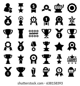 Prize icons set. set of 36 prize filled icons such as slot machine, star, jackpot, medal, trophy, ribbon, award, star trophy, man with medal, slot machine