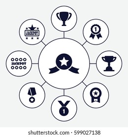 prize icons set. Set of 9 prize filled icons such as Jackpot, trophy, number 1 medal, medal with star