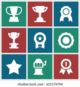 Prize icons set. set of 9 prize filled icons such as Star, Slot machine, trophy, award, number 1 medal
