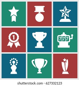 Prize icons set. set of 9 prize filled icons such as Slot machine, trophy, medal, star trophy, number 1 medal