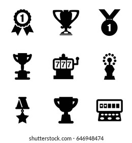 Prize icons set. set of 9 prize filled icons such as slot machine, trophy, medal