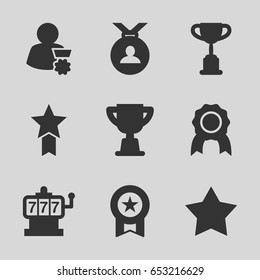 Prize icons set. set of 9 prize filled icons such as slot machine, star, medal, trophy, man with medal