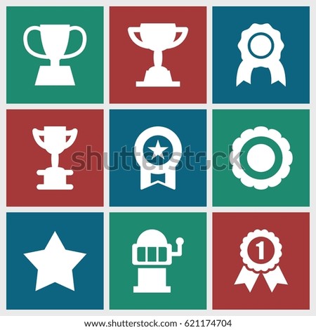 Prize icons set. set of 9 prize filled icons such as Star, Slot machine, trophy, award, number 1 medal