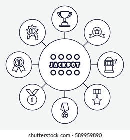 prize icons set. Set of 9 prize outline icons such as Jackpot, Slot machine, trophy, number 1 medal