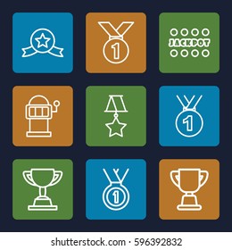 prize icons set. Set of 9 prize outline icons such as Jackpot, Slot machine, trophy, medal