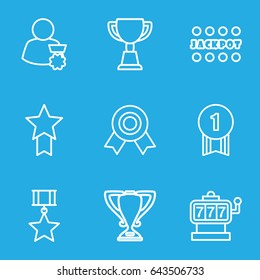 Prize icons set. set of 9 prize outline icons such as slot machine, jackpot, trophy, man with medal