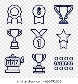 Prize icons set. set of 9 prize outline icons such as slot machine, jackpot, trophy, medal, medal with star