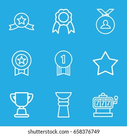 Prize icons set. set of 9 prize outline icons such as slot machine, star, medal, ribbon, trophy, number 1 medal