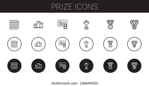 prize icons set. Collection of prize with slot machine, podium, certificate, trophy, medal. Editable and scalable prize icons.