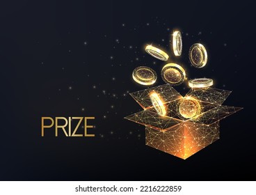 Prize, lottery win, return of investment concept with open box and falling gold coins on black background. Futuristic glowing low polygonal style. Modern connection design vector illustration