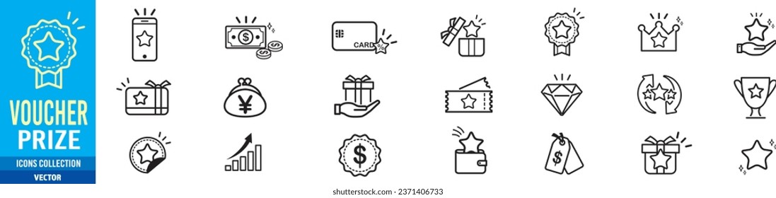 prize loyalty program coupon voucher discount ticket  exclusive benefit incentive reward line icons set vector illustration