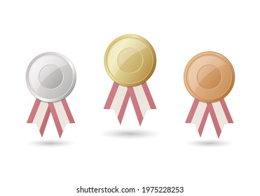 Prize medal set. Gold, silver, bronze. Colored flat vector illustration. Isolated on white background.