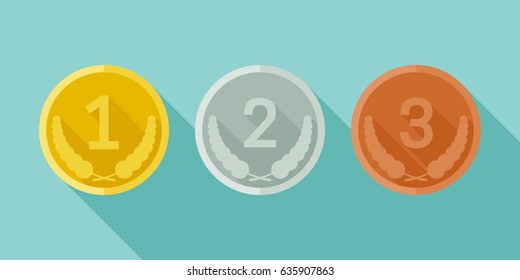 Prize medals with long shadow. Vector medals from gold, silver and bronze in flat style.