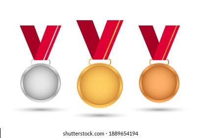 Prize medals with a red ribbon. Gold. Silver. Bronze. Reward. Flat style. Medal for the first, second, third place.