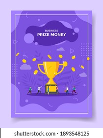 prize money concept people around big trophy money fall for template of banners, flyer, books cover, magazine with liquid shape flat style